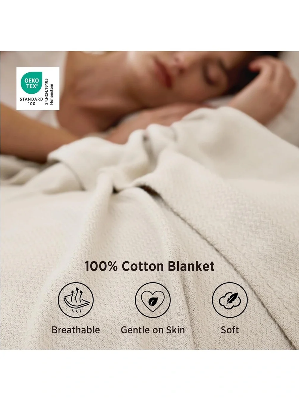 NEW Bedsure 100% Cotton Blanket, Herringbone Weave, Throw XL, Linen Beige
